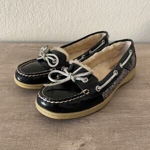 Sperry Womens Sheep Wool Lined Glitter Black Patent Leather Boat Shoes 6.5M